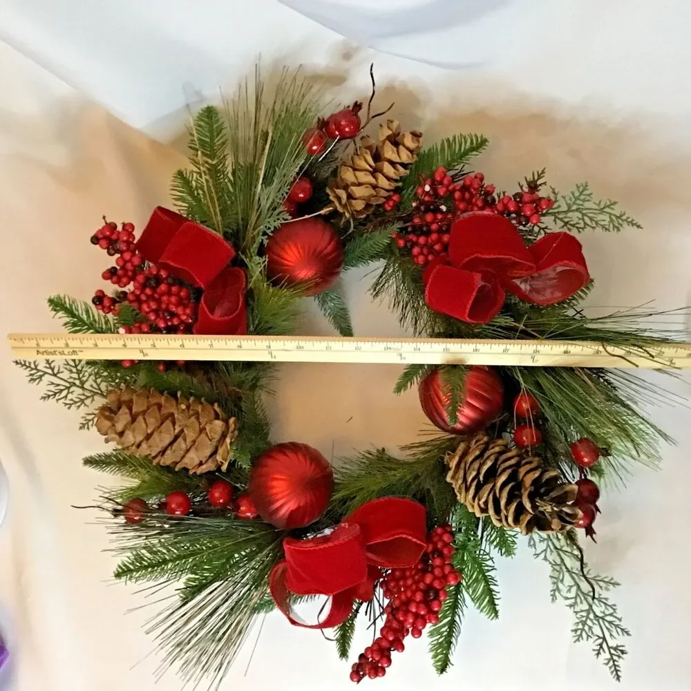 Christmas Wreath with Greenery,  Pine Cones, and Red Ornaments Artificial